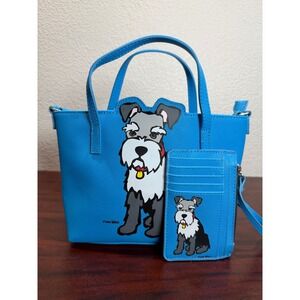 Marc Tetro Mini Tote & Card Holder Set Blue Schnauzer Dog Print | Crossbody NWOT